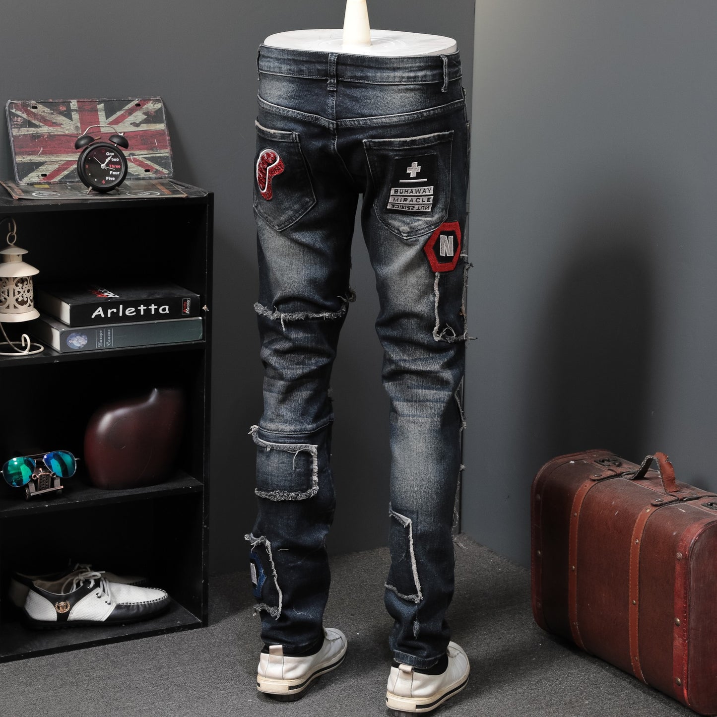 Men's Shredded Patch Embroidered Badge Jeans.