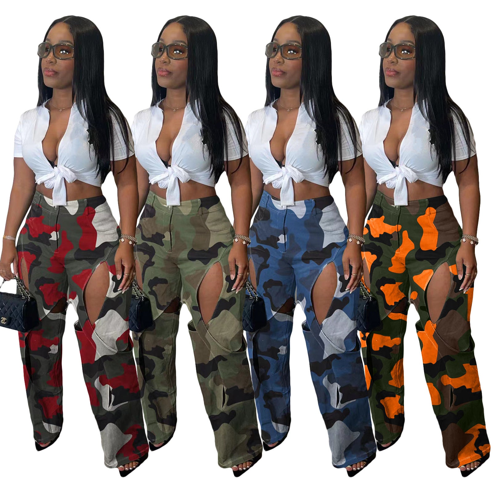 Women's Fashion HD Printing Hole Cross Pants.