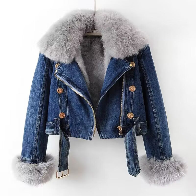 Women's Detachable Fur Liner Denim Coat.