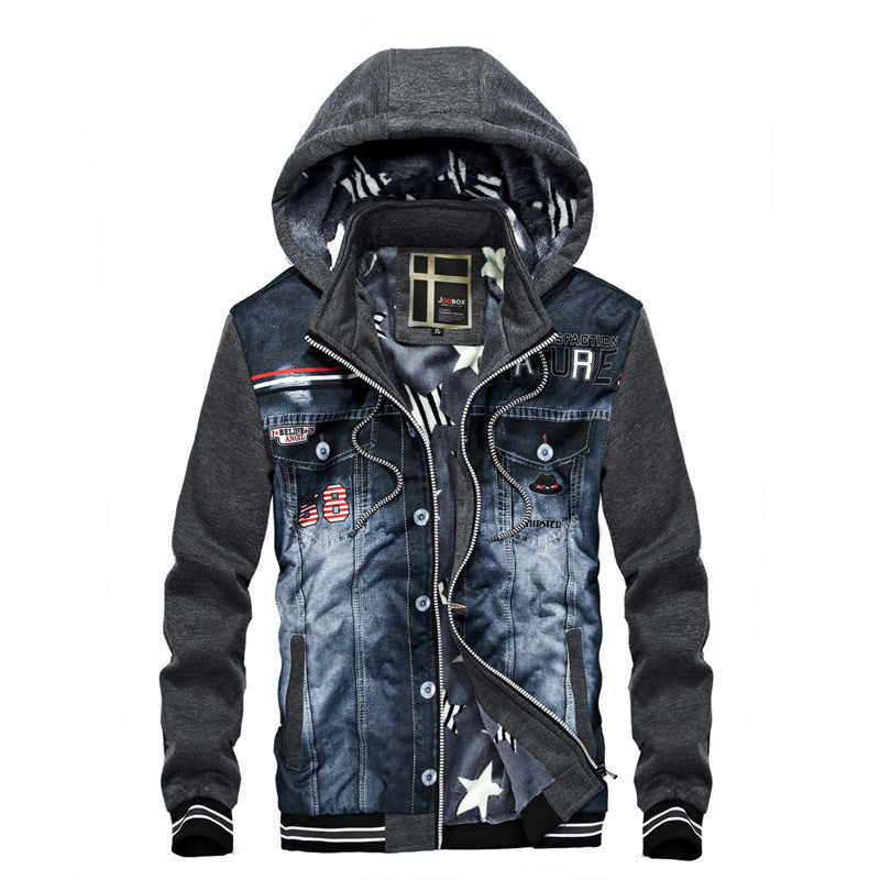 Men's Denim Stitching Hooded Fleece Jacket.