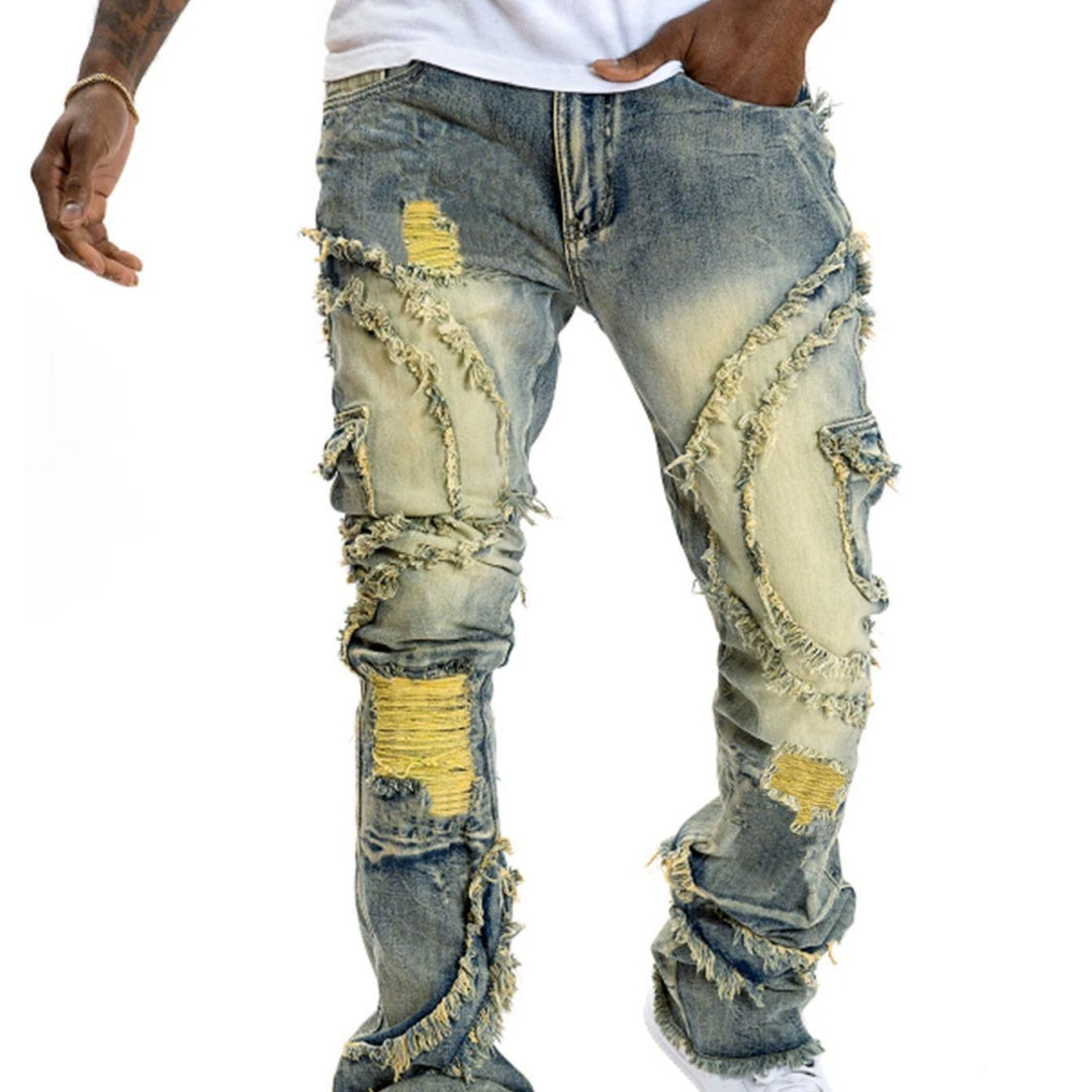 Men's Patchwork Fringe Flared Stretch Jeans.