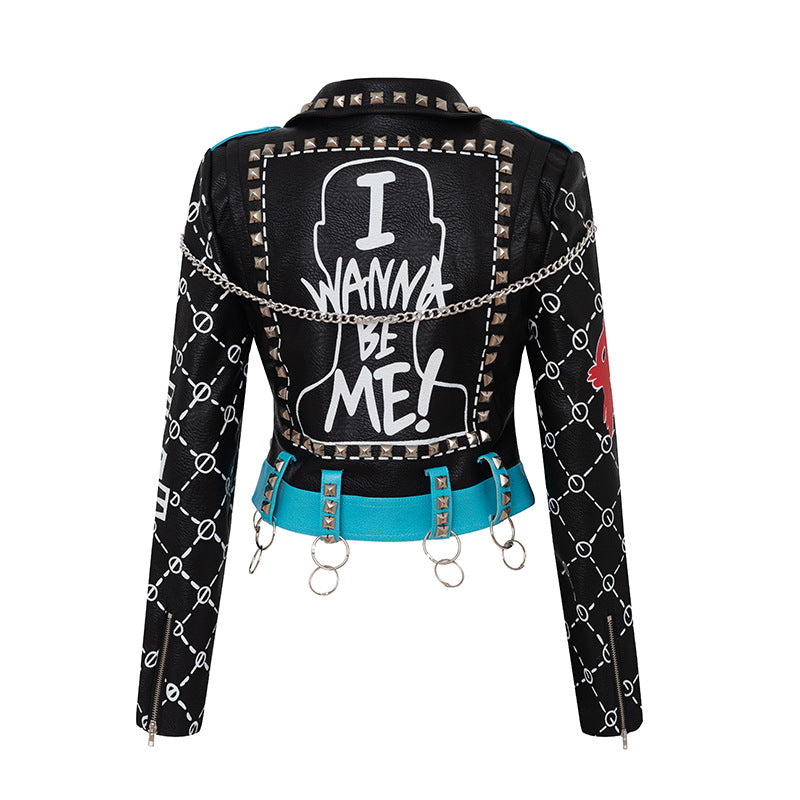 Women's Graffiti Printed Leather Motocycle Jacket.