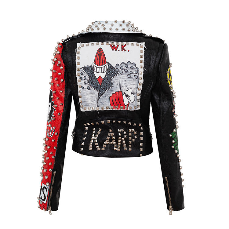 Women's Graffiti Printed Leather Motorcycle Jacket.