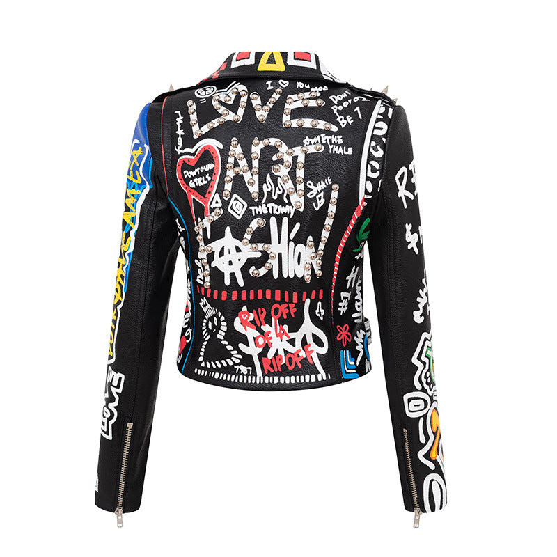 Women's Printed Hit Color Leather Motorcycle Jacket.