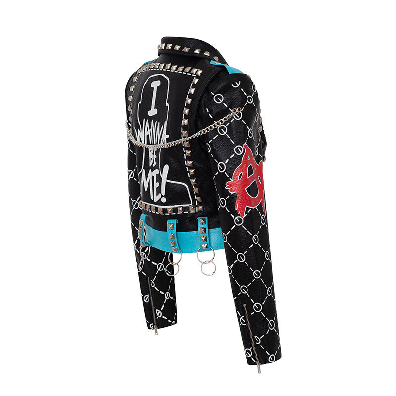 Women's Graffiti Printed Leather Motocycle Jacket.