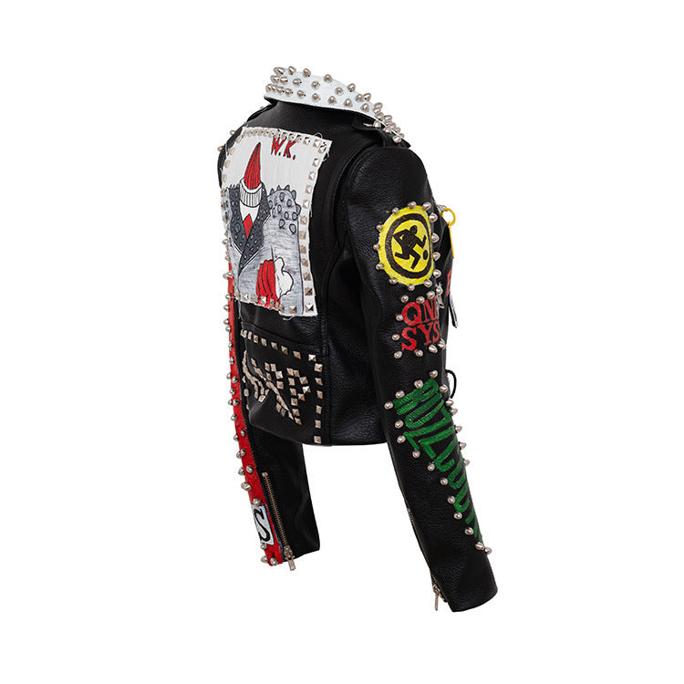 Women's Graffiti Printed Leather Motorcycle Jacket.