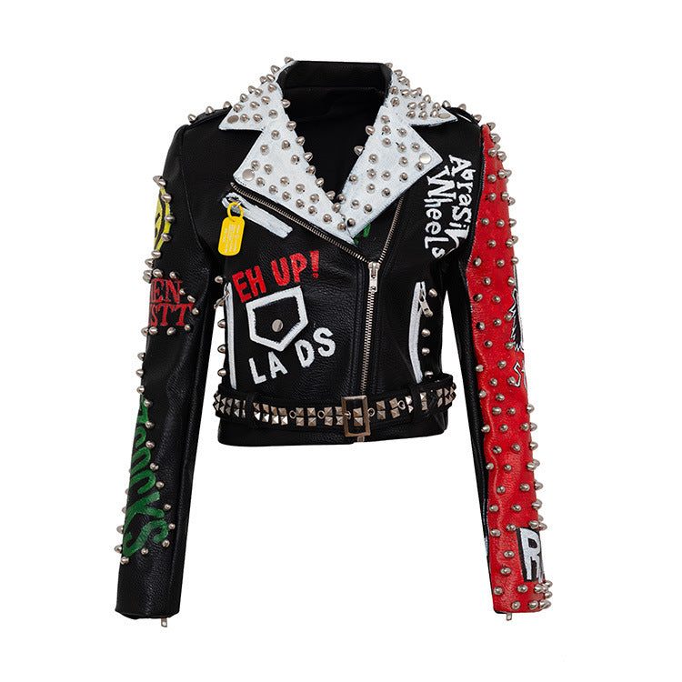 Women's Graffiti Printed Leather Motorcycle Jacket.