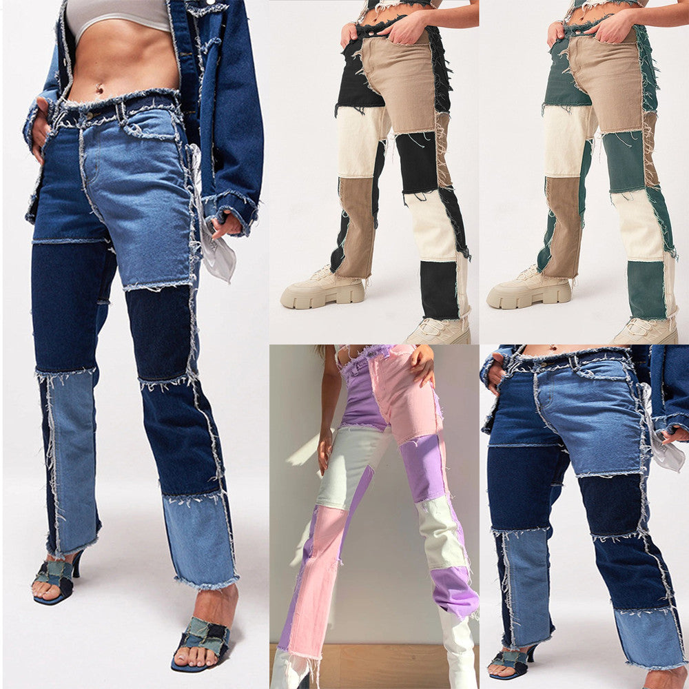 Women's High Elastic Stitching Straight-Leg Jeans.