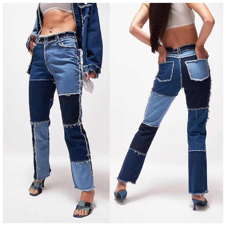 Women's High Elastic Stitching Straight-Leg Jeans.