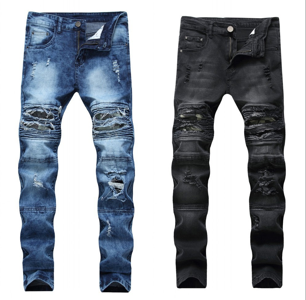 Men's Slim Fit Straight Knee Hole Stretch Jeans.