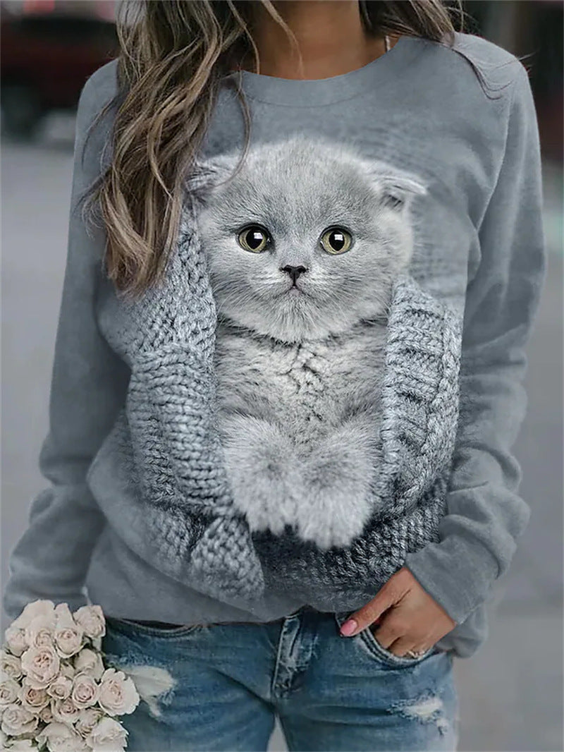 Women's Fashion Animal Loose Print Crew Neck Sweater.