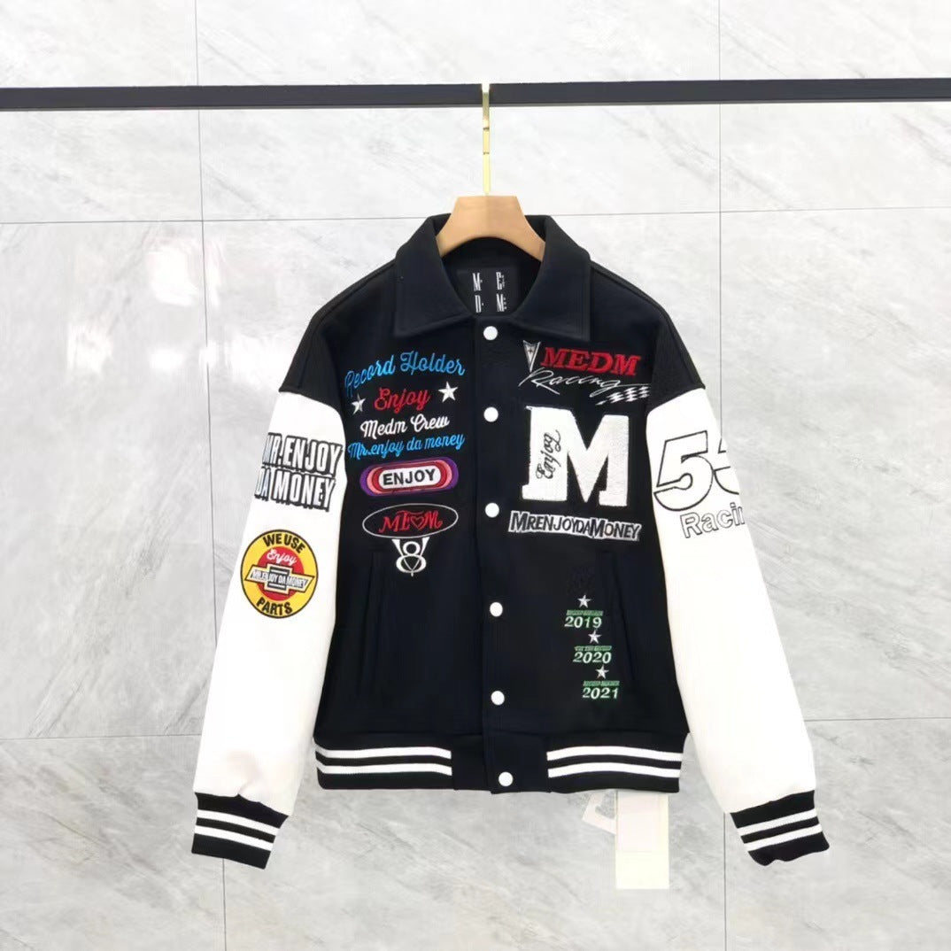 Men's Hip-Hop Embroidered Cotton Varsity Jacket.