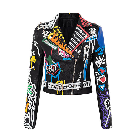 Women's Printed Hit Color Leather Motorcycle Jacket.