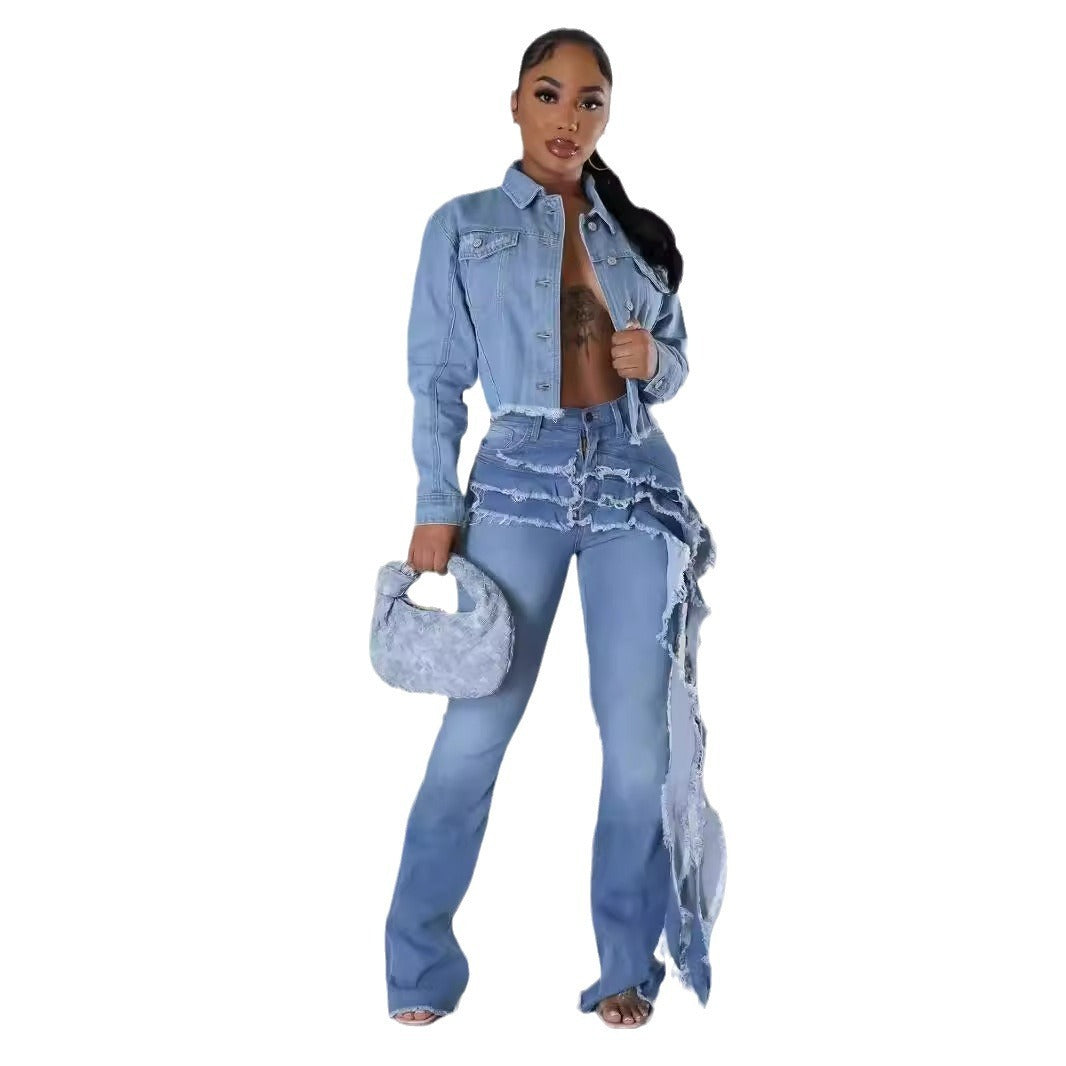 Women's Washed & Frayed Long Streamer Stretch Jeans.