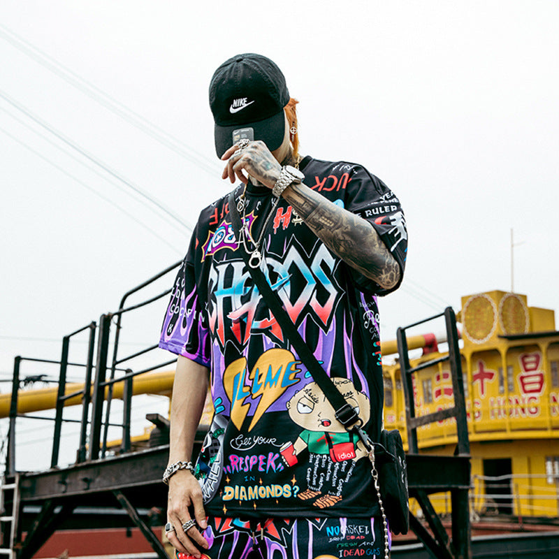 Men's Full-Print Hip-Hop Half Sleeve Shirt.