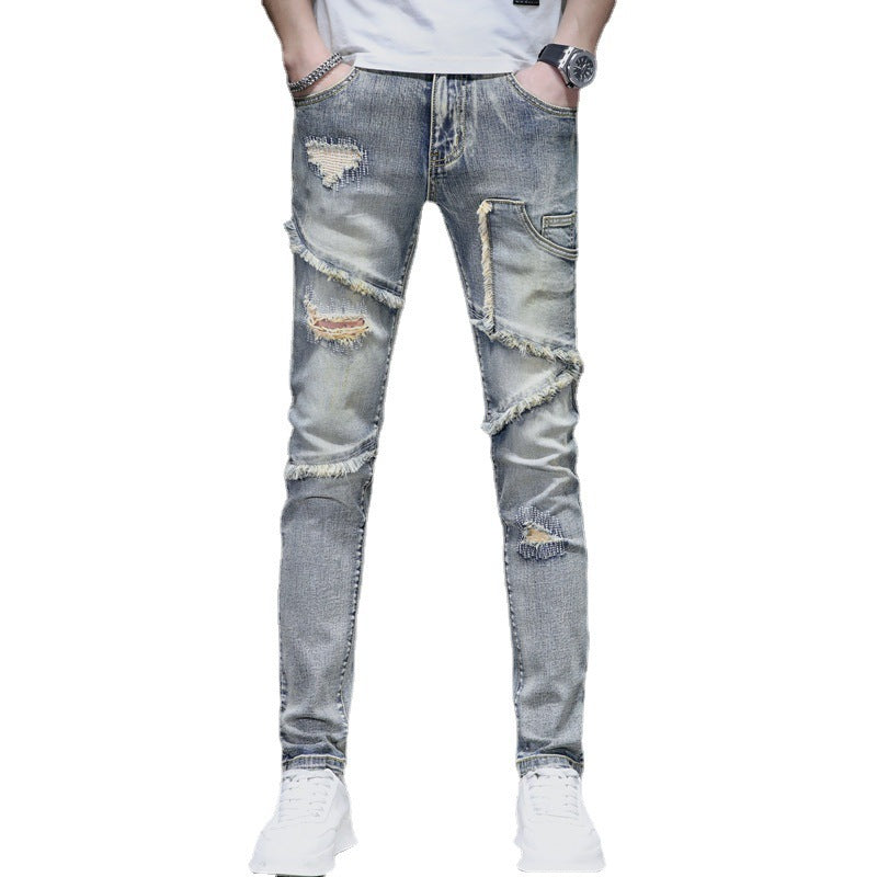 Men's Distressed Ripped Stitching Stretch Jeans.