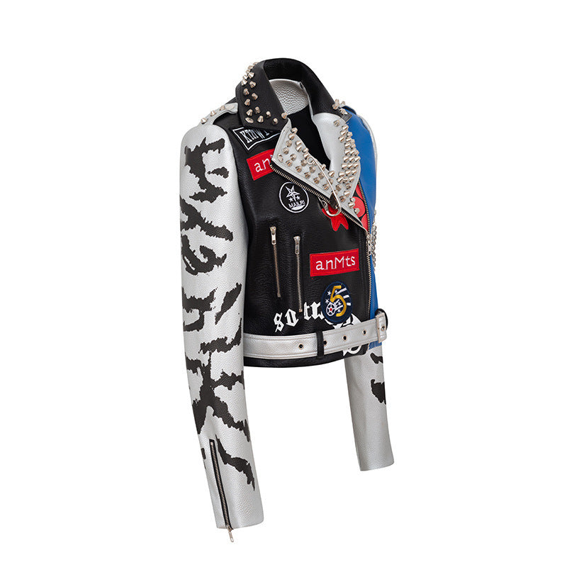 Women's Graffiti Printed Leather Motorcycle Jacket.