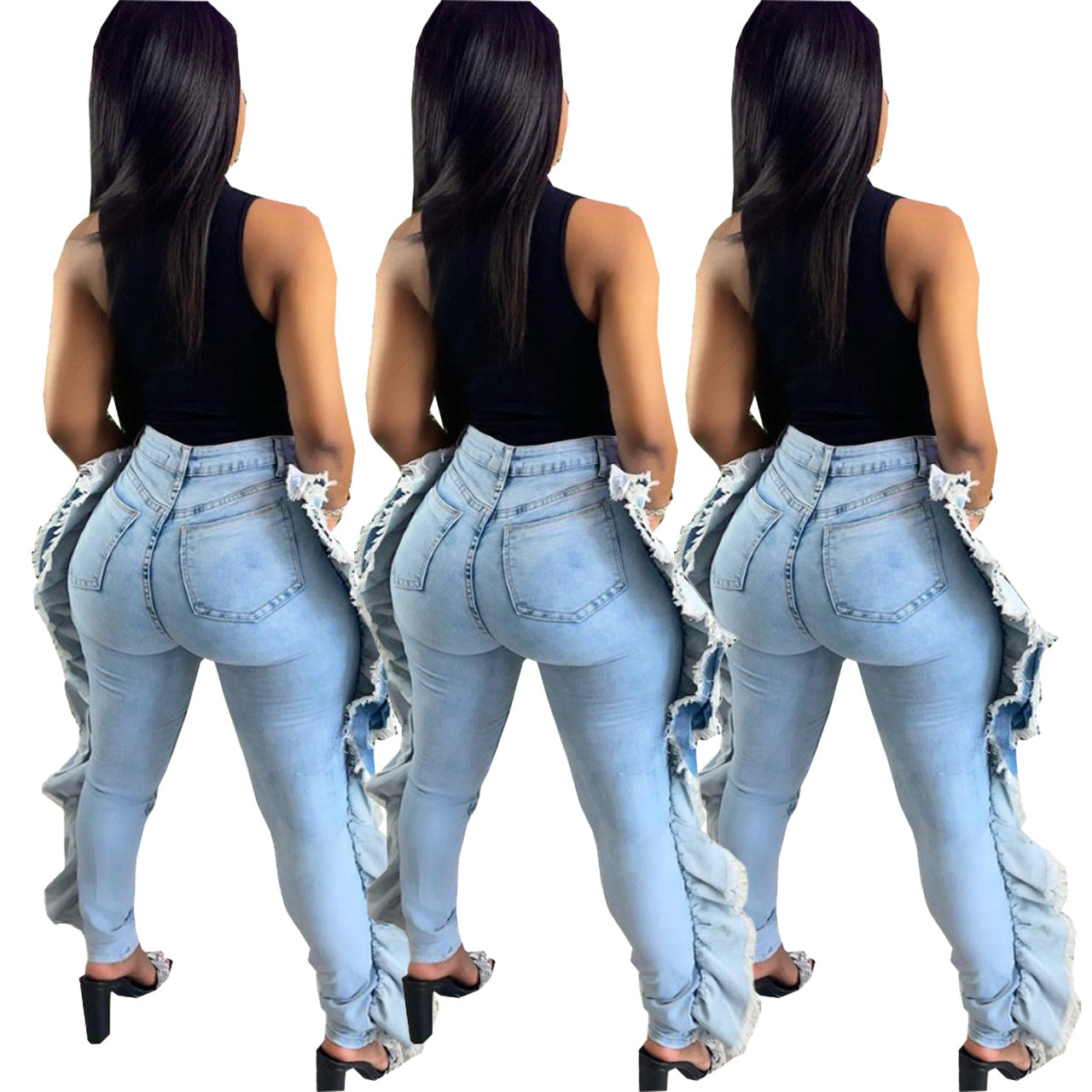 Women's Washed Personalized High Elastic Jeans.