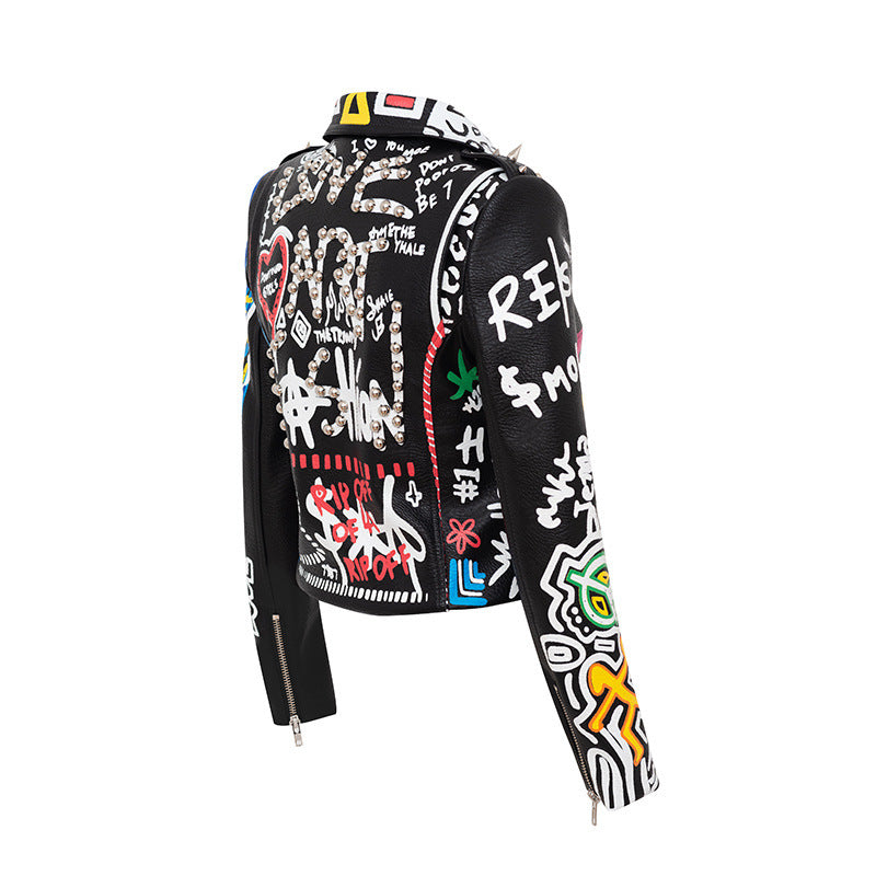 Women's Printed Hit Color Leather Motorcycle Jacket.