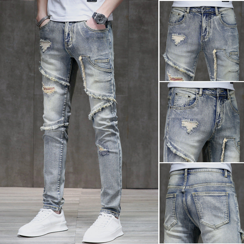 Men's Distressed Ripped Stitching Stretch Jeans.