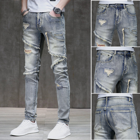 Men's Distressed Ripped Stitching Stretch Jeans.