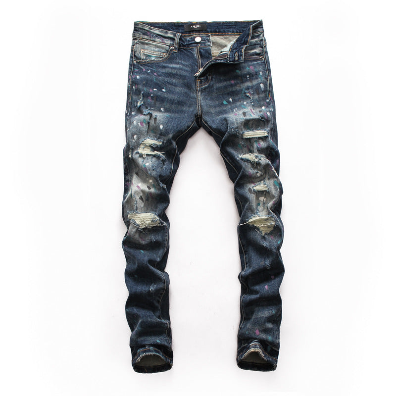 Men's Ripped Inkjet Personality Jeans.