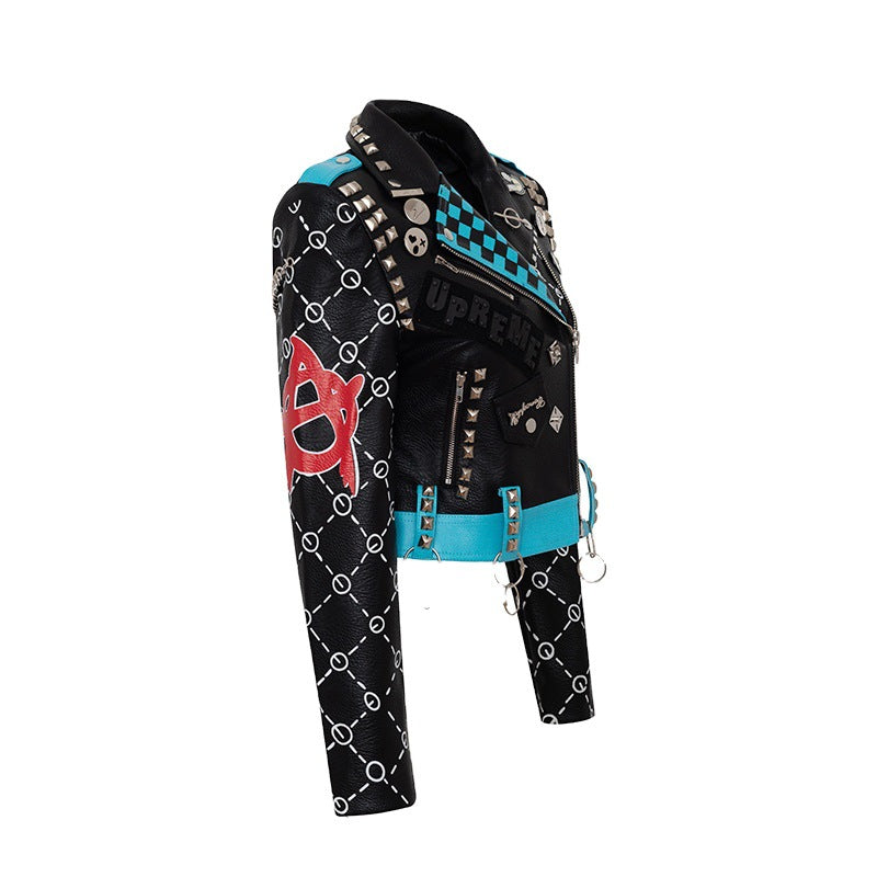 Women's Graffiti Printed Leather Motocycle Jacket.