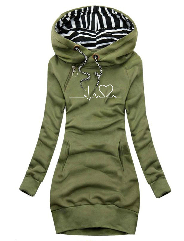 Women's Heart Print Long Hoodie Pullover.