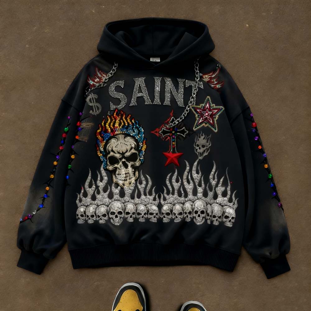 Men's Skull-Printed Diamond Embellished Hoodie.
