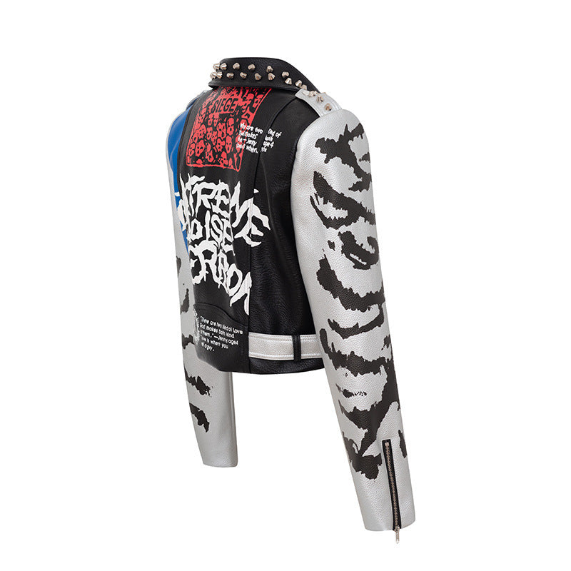 Women's Graffiti Printed Leather Motorcycle Jacket.