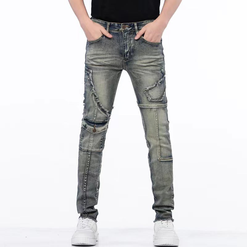 Men's Distressed Ripped Stitching Stretch Jeans.