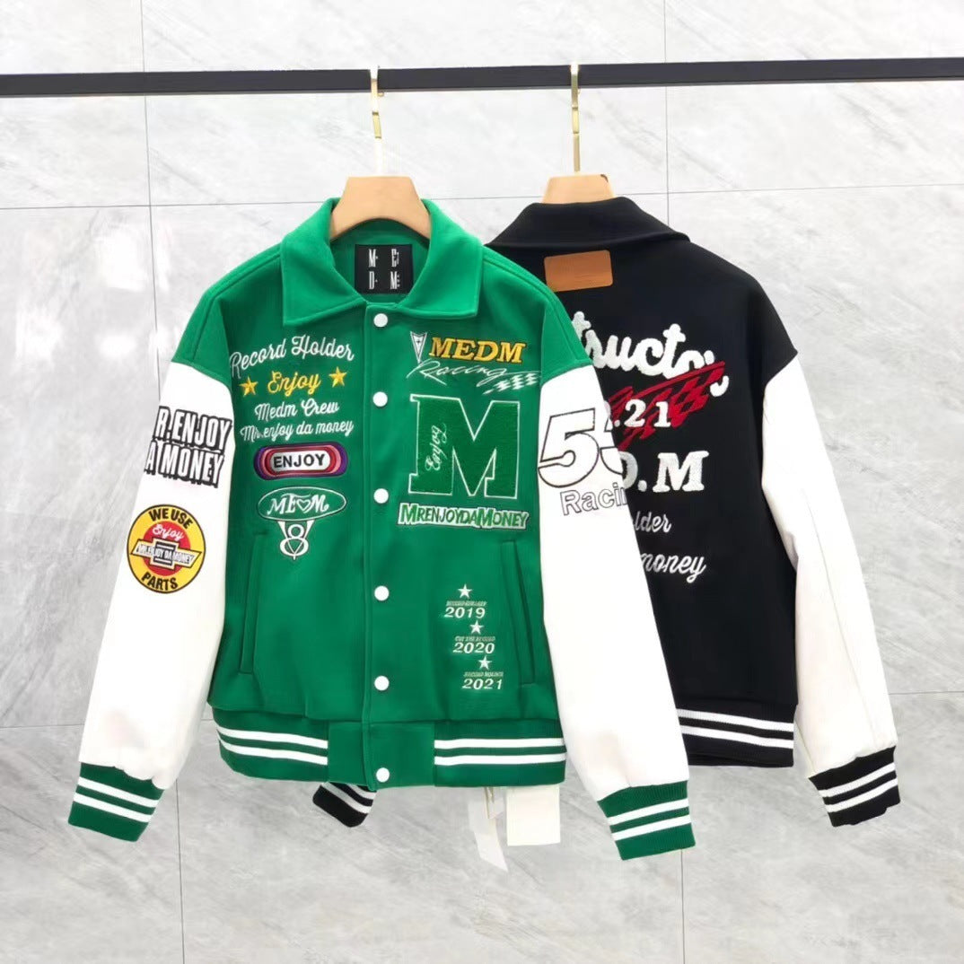 Men's Hip-Hop Embroidered Cotton Varsity Jacket.