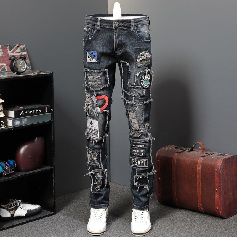 Men's Shredded Patch Embroidered Badge Jeans.