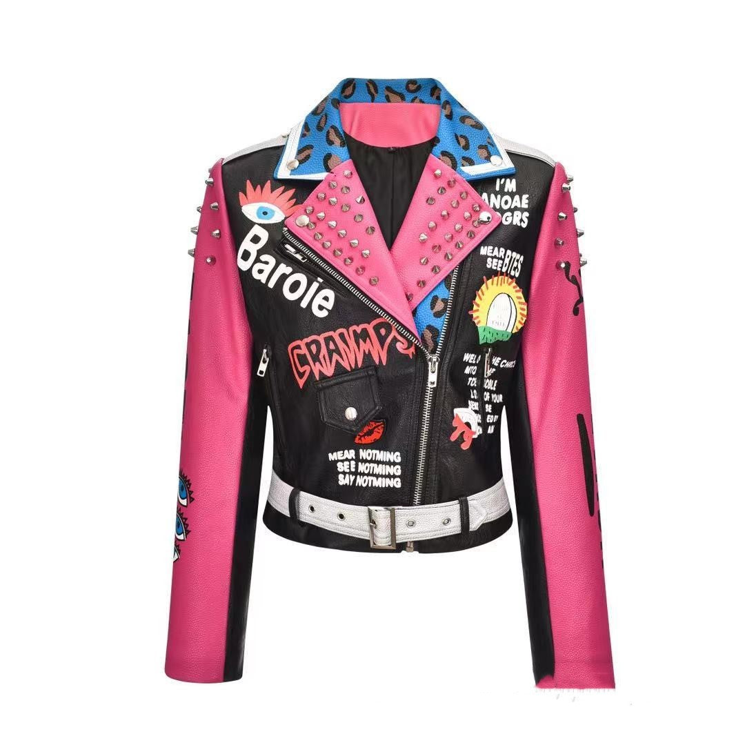 Women's New Letter Printing Rivet Motorcycle Jacket.