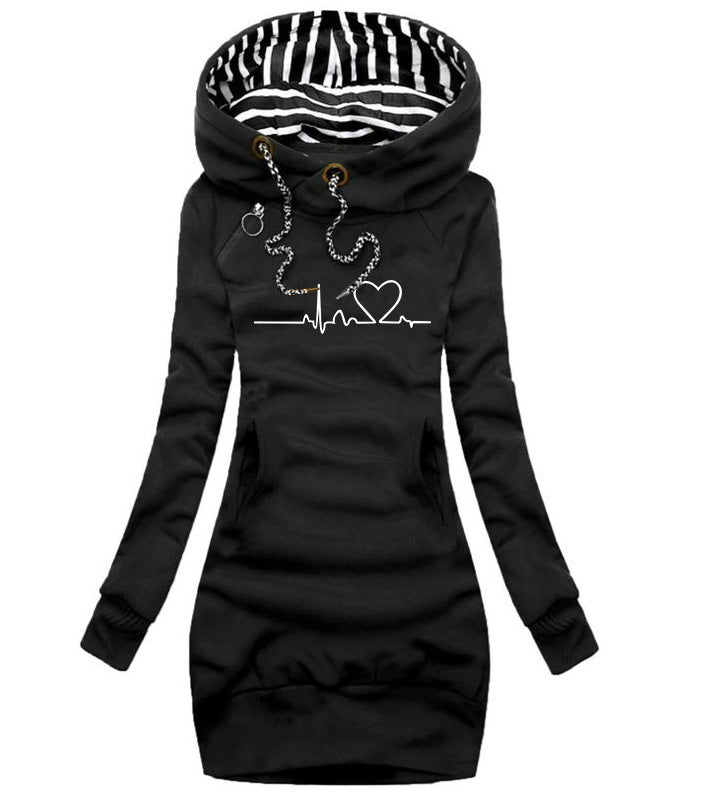 Women's Heart Print Long Hoodie Pullover.