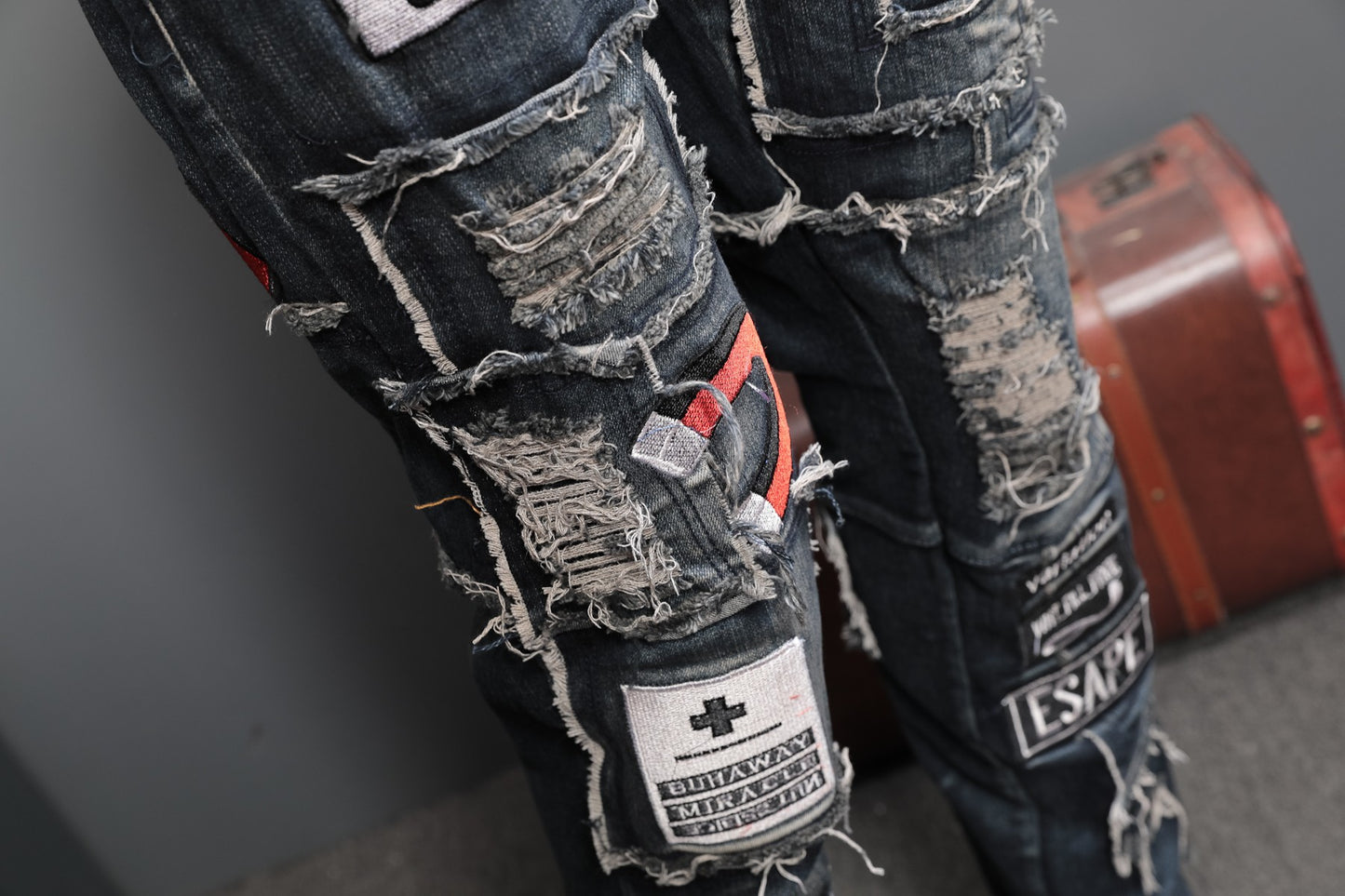 Men's Shredded Patch Embroidered Badge Jeans.