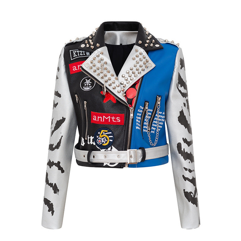 Women's Graffiti Printed Leather Motorcycle Jacket.