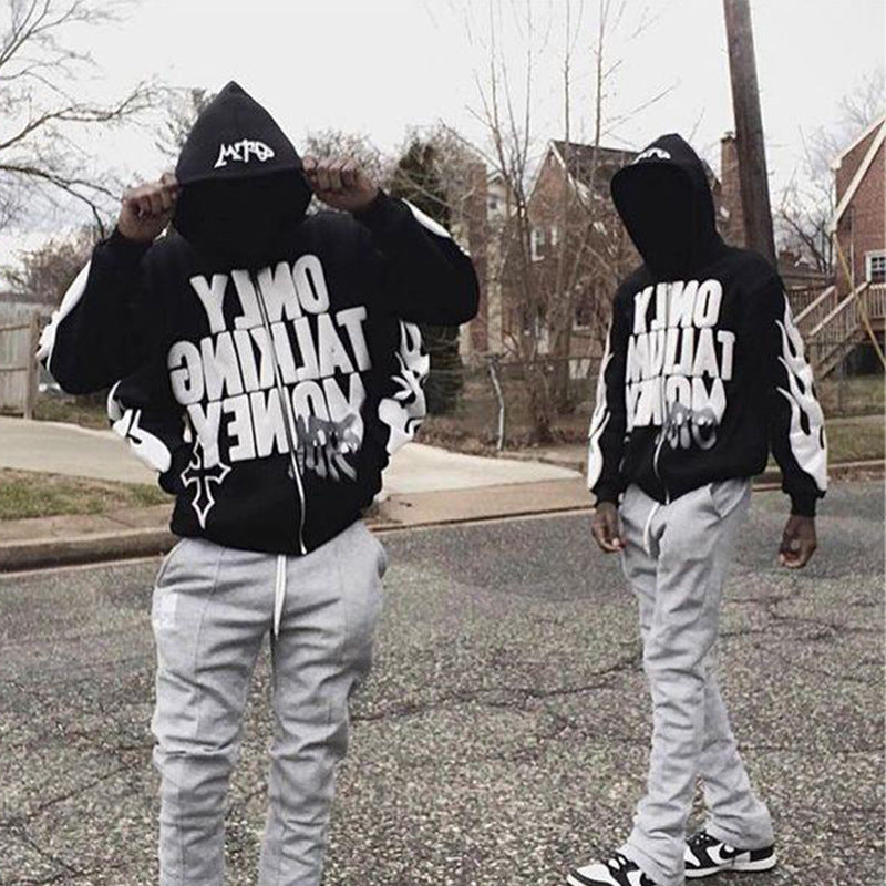 Men's Flame Letter Printed Hip-Hop Cardigan Hoodie.