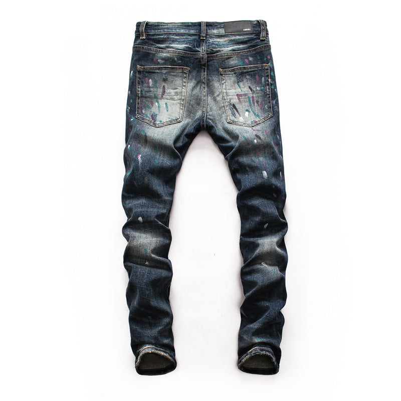 Men's Ripped Inkjet Personality Jeans.