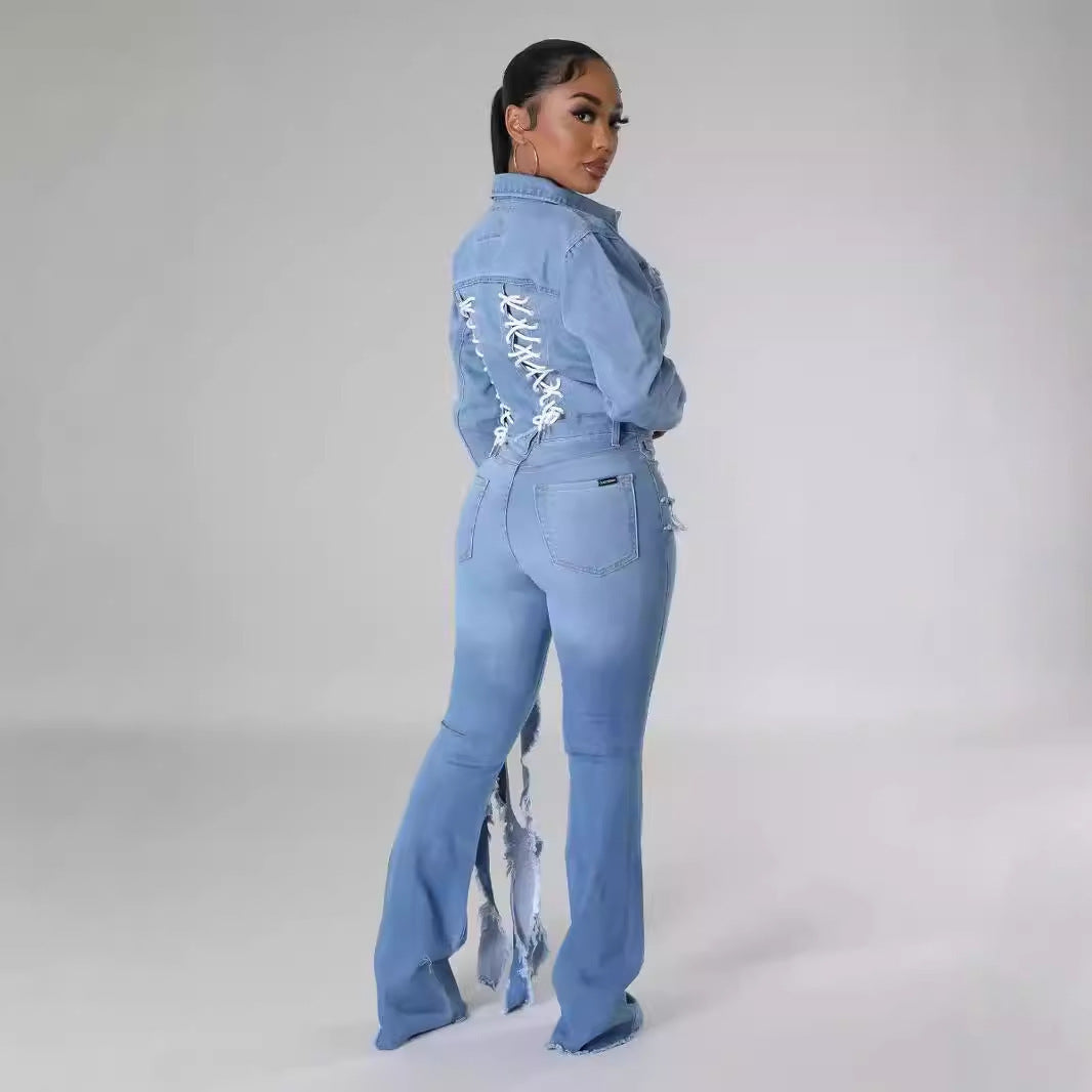 Women's Washed & Frayed Long Streamer Stretch Jeans.