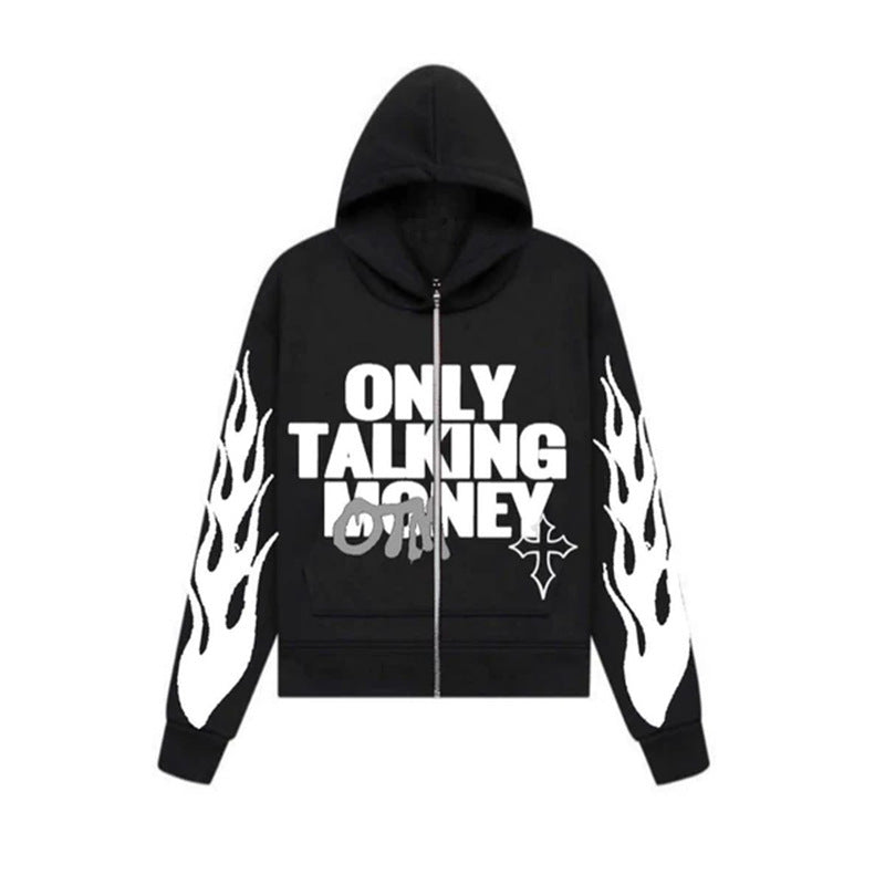 Men's Flame Letter Printed Hip-Hop Cardigan Hoodie.