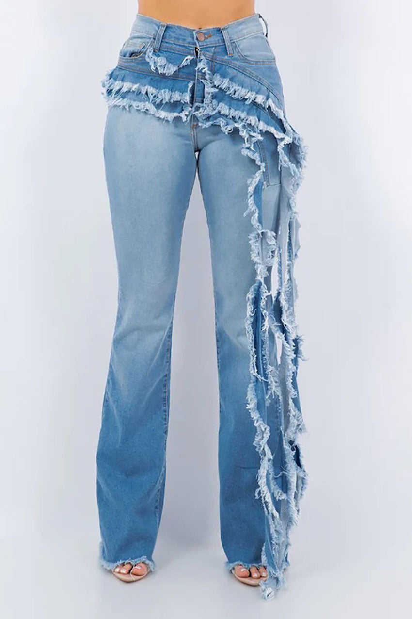 Women's Washed & Frayed Long Streamer Stretch Jeans.