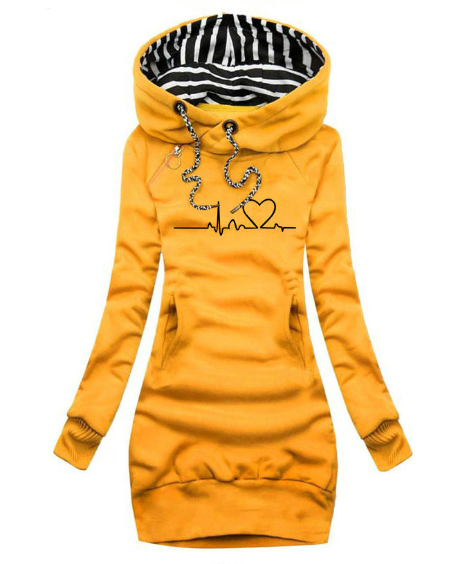 Women's Heart Print Long Hoodie Pullover.