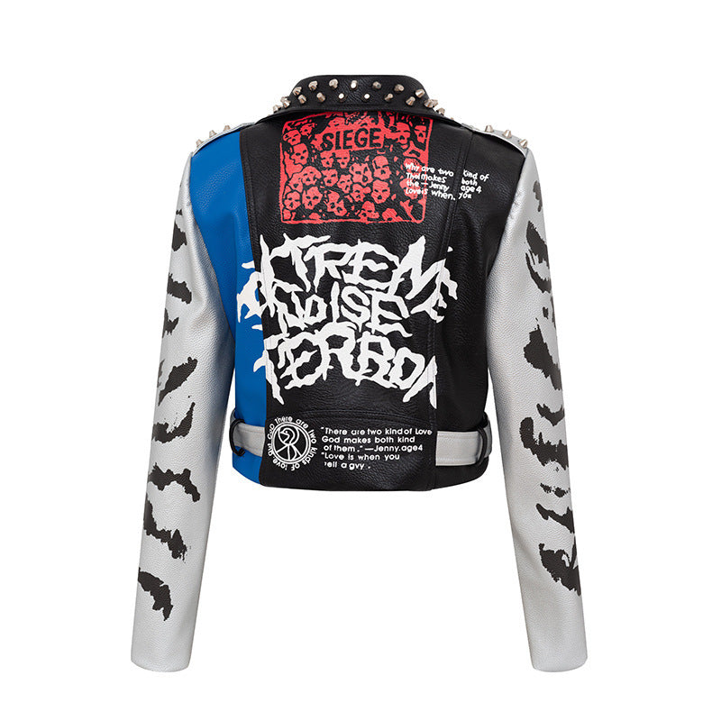 Women's Graffiti Printed Leather Motorcycle Jacket.