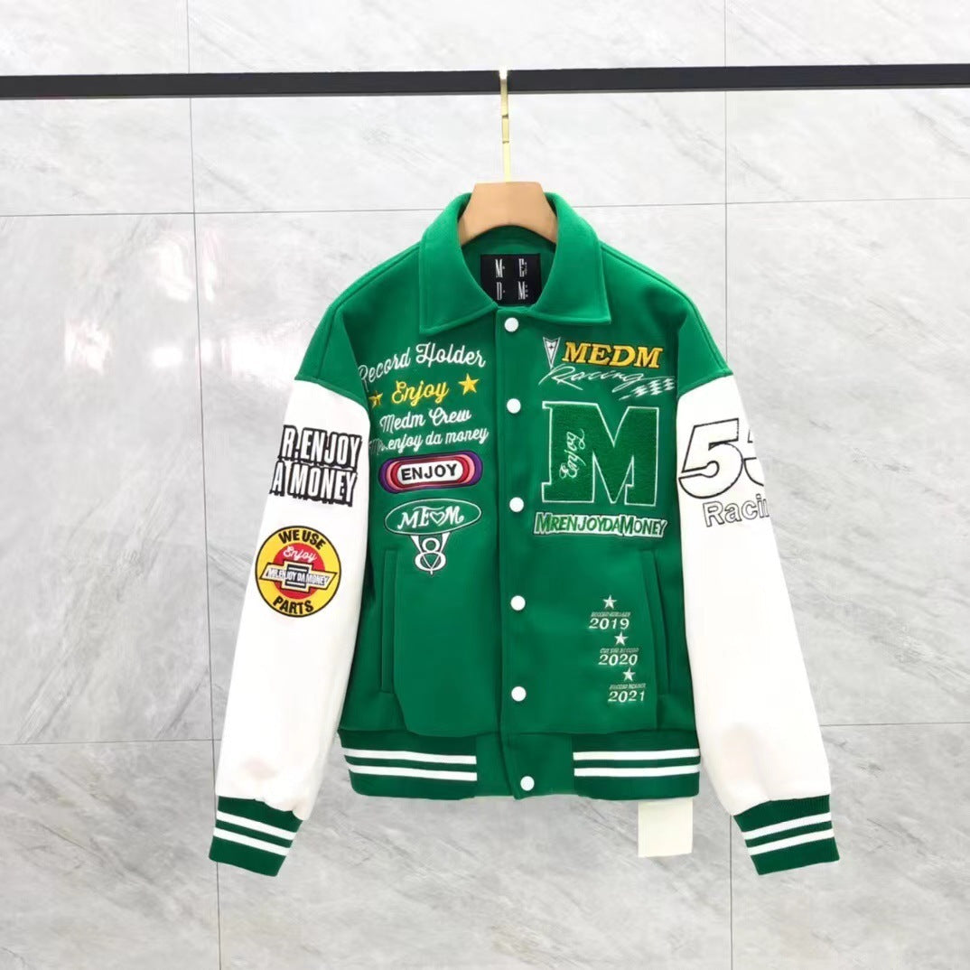 Men's Hip-Hop Embroidered Cotton Varsity Jacket.