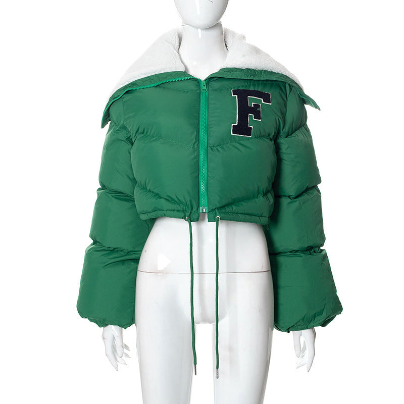 Women's Fur Collar Zip Drawstring Cotton-Padded Jacket.