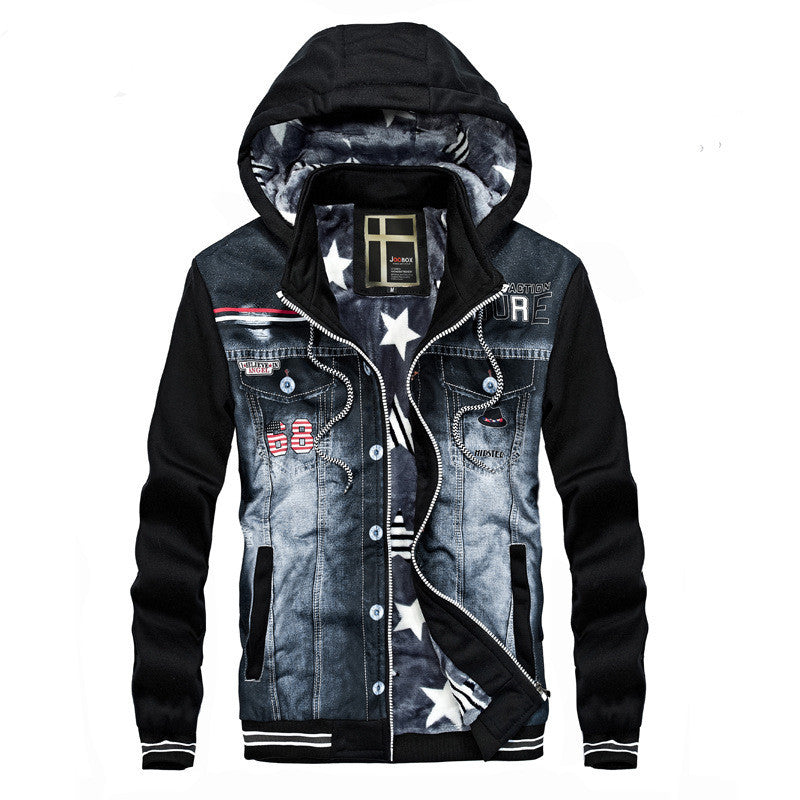 Men's Denim Stitching Hooded Fleece Jacket.