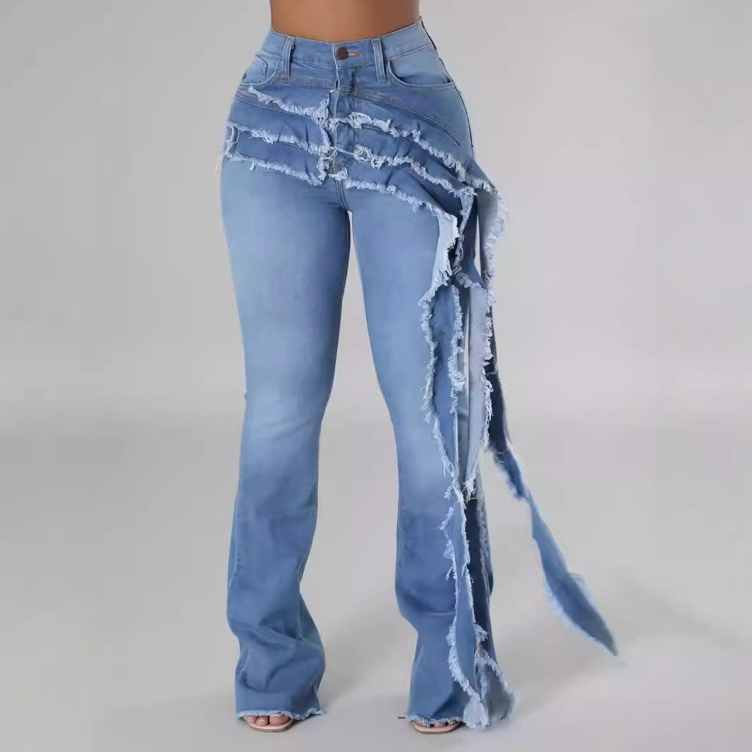 Women's Washed & Frayed Long Streamer Stretch Jeans.