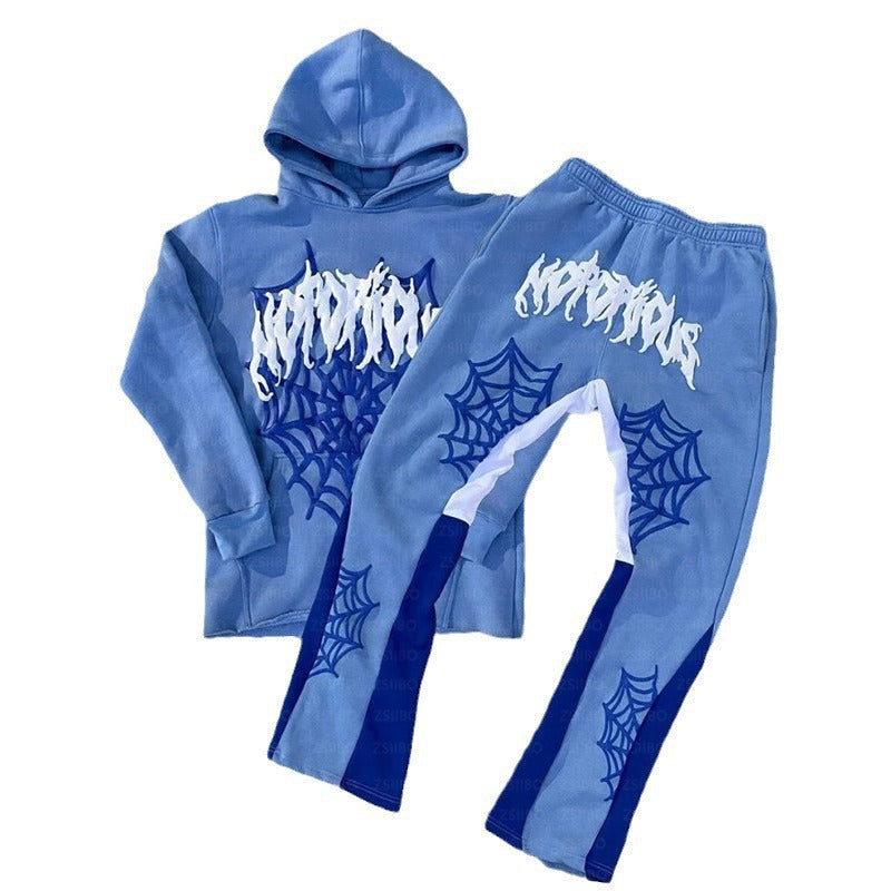 Unisex Spider Web Printed Stacked Hoodie Track Set.