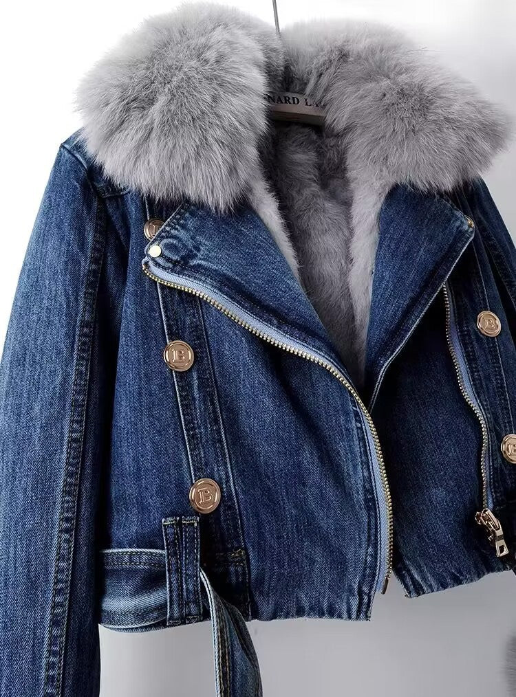 Women's Detachable Fur Liner Denim Coat.